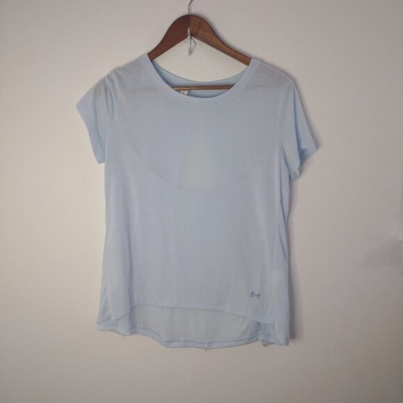 UNDER ARMOUR Women Open Back Heat Gear Blue High Low T Shirt‎ Size Small - Picture 1 of 9